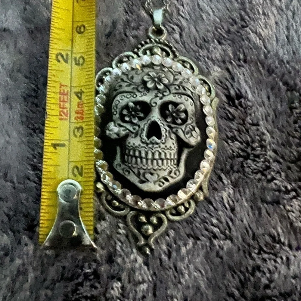 Diamonds and Coal Crystal Sugar Skull Pendant Necklace 12in